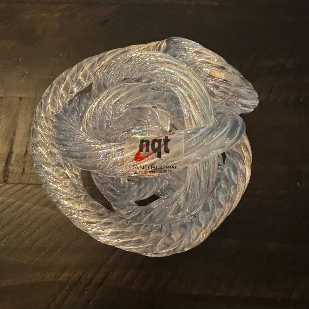 Hand Blown Art Glass Clear Twisted Orb Infinity Knot Decor by hqt